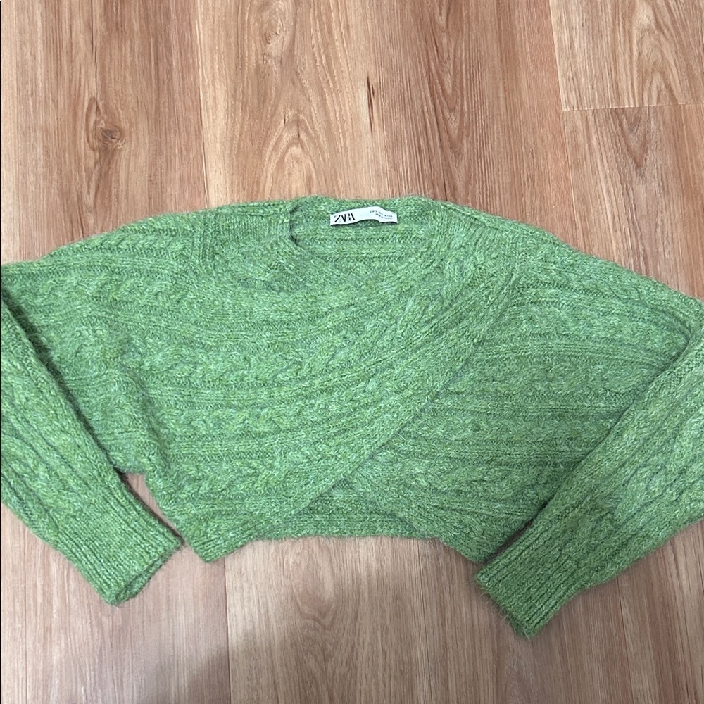 Zara Green Cable Knit Cropped Sweater Wrap Sweater Criss Cross Sweater - Picture 5 of 11